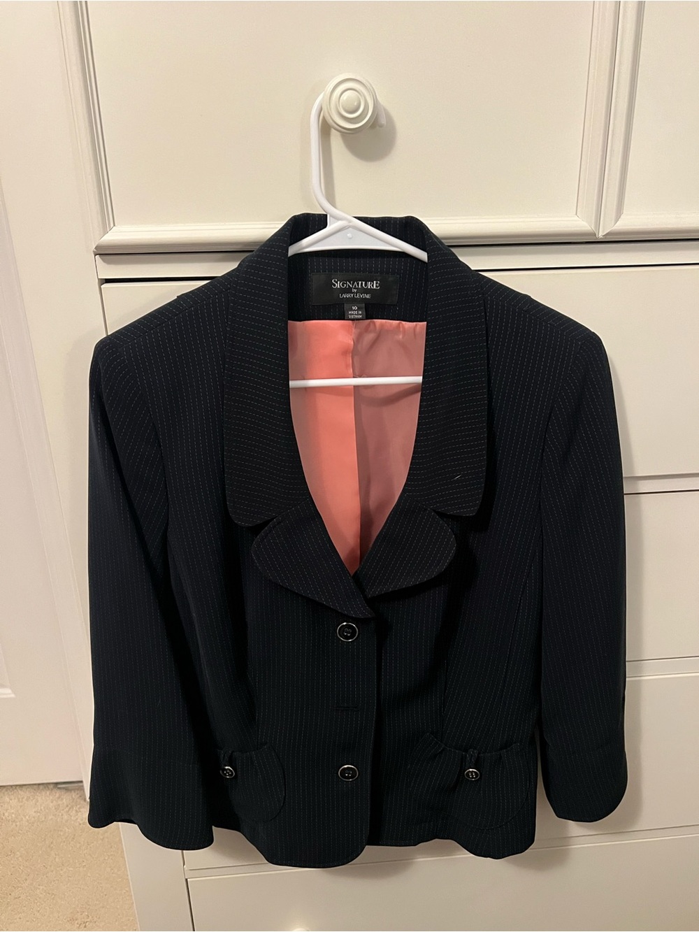 Ladies Navy Pinstripe Blazer with Pink Lining